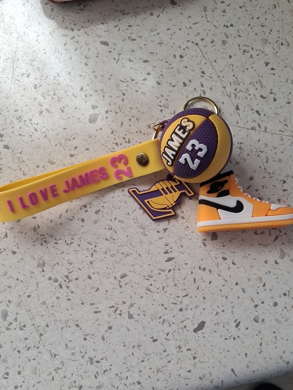 I Love James 23 Yellow & Purple Keychain with Sneaker Charm